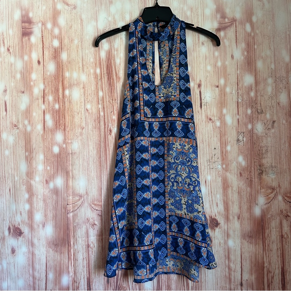 Olivaceous Blue Boho Paisley Print High Neck Cutout Mini Dress Size S